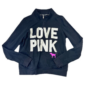 Vtg Y2K Victoria's Secret PINK 'Love Pink' Half Zip Sweatshirt Size L Black